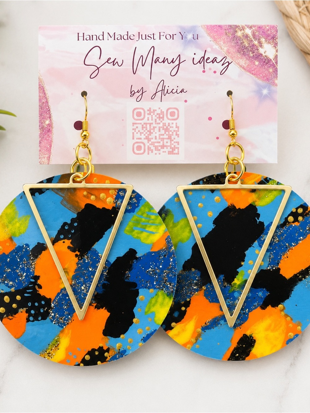Colorful Abstract Earrings with Gold Accents